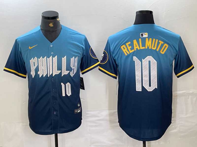 Mens Philadelphia Phillies #10 JT Realmuto Number Blue 2024 City Connect Limited Stitched Jersey
